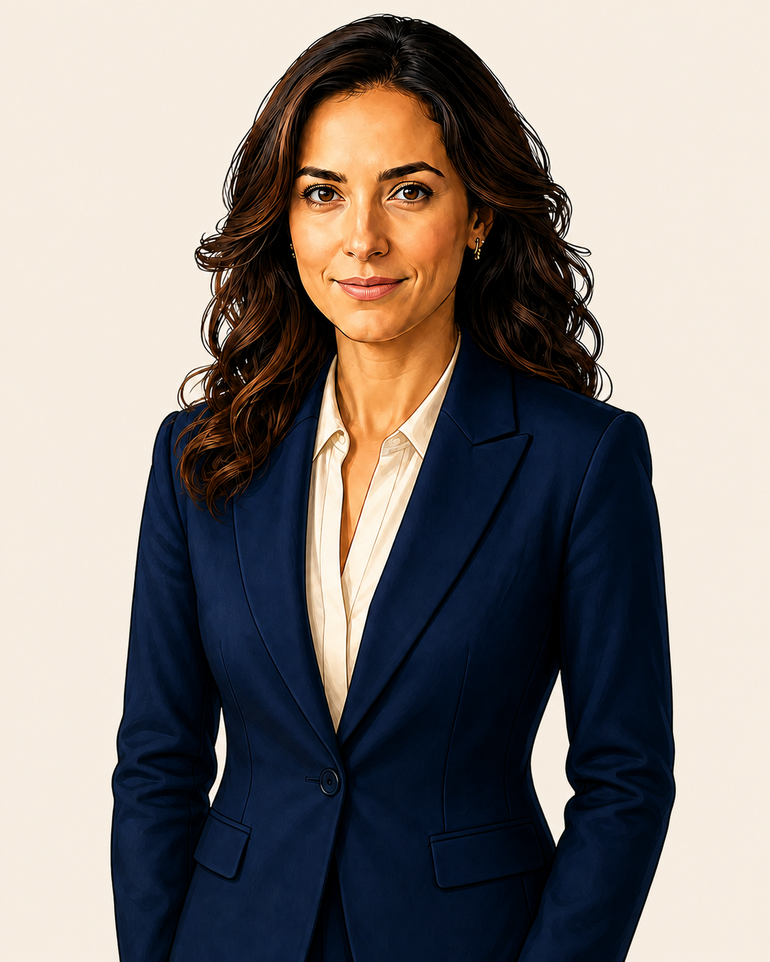 Anaid Rocha, avatar de IA, com cabelos castanhos e blazer marinho
